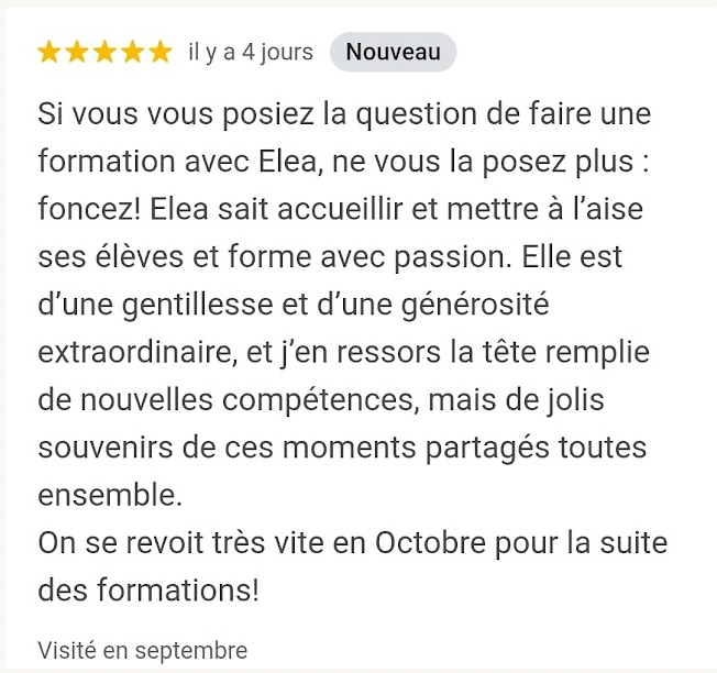 Avis Google d'une apprenante de l'Académie Ciel & Terre