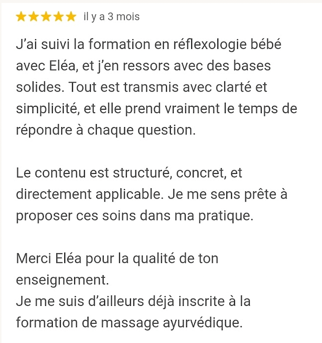Avis Google sur la formation réflexologie bébé